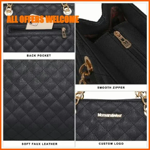 Quilted Medium Tote Bag with Chain Strap, Multiple Compartments - Picture 6 of 8